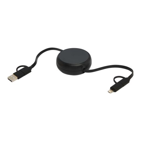 Cable retráctil 5 en 1 de 100&nbsp;cm de plástico reciclado y aluminio para sincronización de datos y carga rápida de 45&nbsp;W "Alasia" Estándar | Negro intenso | sin montaje de publicidad | no disponible | no disponible