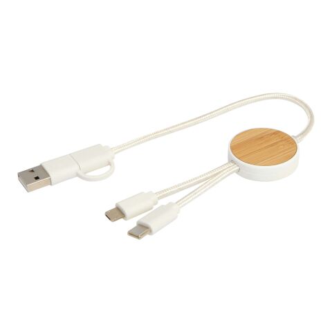 Cable 5 en 1 de plástico reciclado de 30 cm para sincronización de datos y carga rápida de 27 W con detalles de bambú &quot;Chechia&quot; Estándar | Blanco | sin montaje de publicidad | no disponible | no disponible