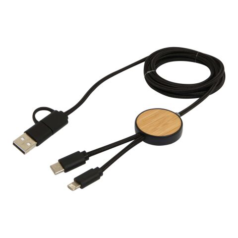 Cable 5 en 1 de plástico reciclado de 150 cm para sincronización de datos y carga rápida de 27 W con detalles de bambú &quot;Chechia&quot; Estándar | negro | sin montaje de publicidad | no disponible | no disponible