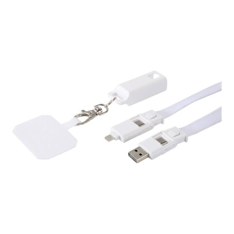 Lanyard de plástico reciclado para smartphone con sincronización de datos integrada y cable 5 en 1 de carga rápida de 65 W &quot;Franz&quot; Estándar | Blanco | sin montaje de publicidad | no disponible | no disponible | no disponible
