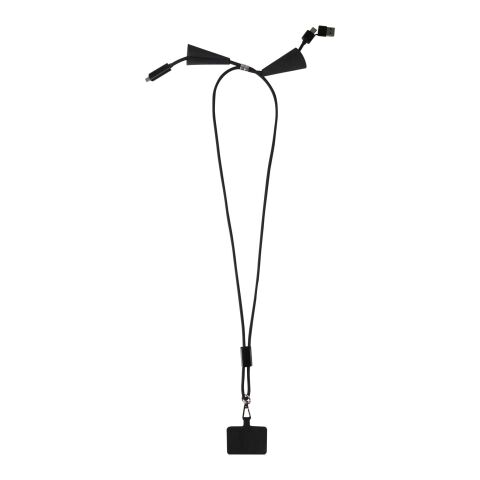 Lanyard de plástico reciclado para smartphone con sincronización de datos integrada y cable 5 en 1 de carga rápida de 100 W &quot;Funi&quot; Estándar | Negro intenso | sin montaje de publicidad | no disponible | no disponible