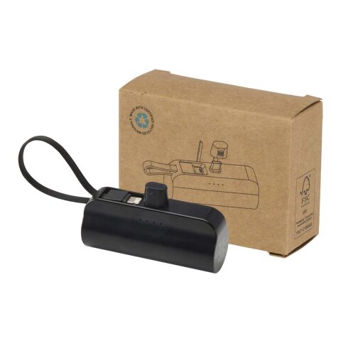 Batería externa tipo-C de plástico reciclado de 5000&nbsp;mAh y 10&nbsp;W con soporte abatible incorporado y cable 2 en 1 "Alnair" Negro intenso