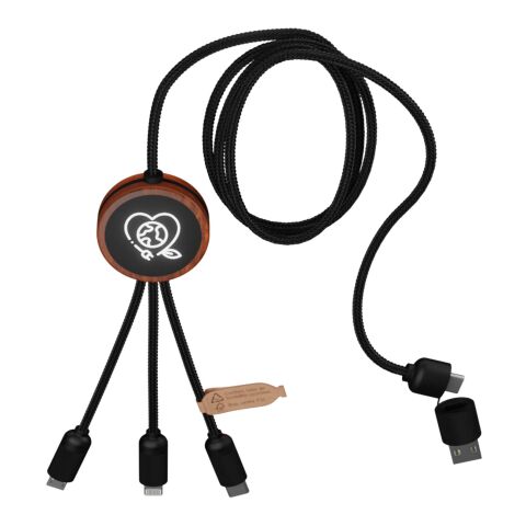 Cable de carga 3 en 1 de PET reciclado con logo retroiluminado y estuche redondo de madera &quot;SCX.design C37&quot; Estándar | Madera | sin montaje de publicidad | no disponible | no disponible