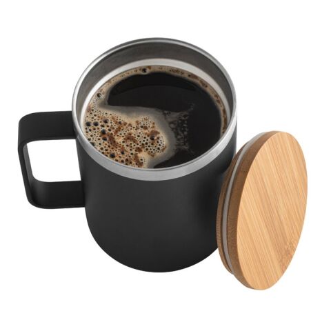 LAUDA. Taza de acero inoxidable 90% reciclado con tapa de bambú 420 mL Negro | sin montaje de publicidad