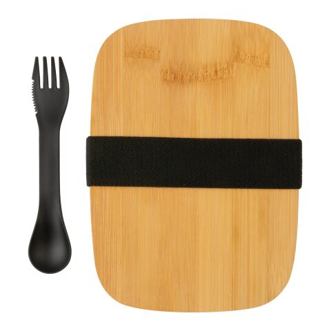 Fiambrera de acero inoxidable con tapa de bambú y cubiertos plata | sin montaje de publicidad | no disponible | no disponible