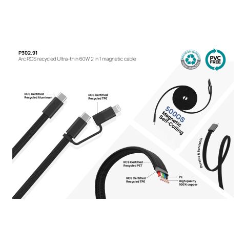 Cable magnético Arc 60W ultrafino 2 en 1 reciclado RCS negro | sin montaje de publicidad | no disponible | no disponible
